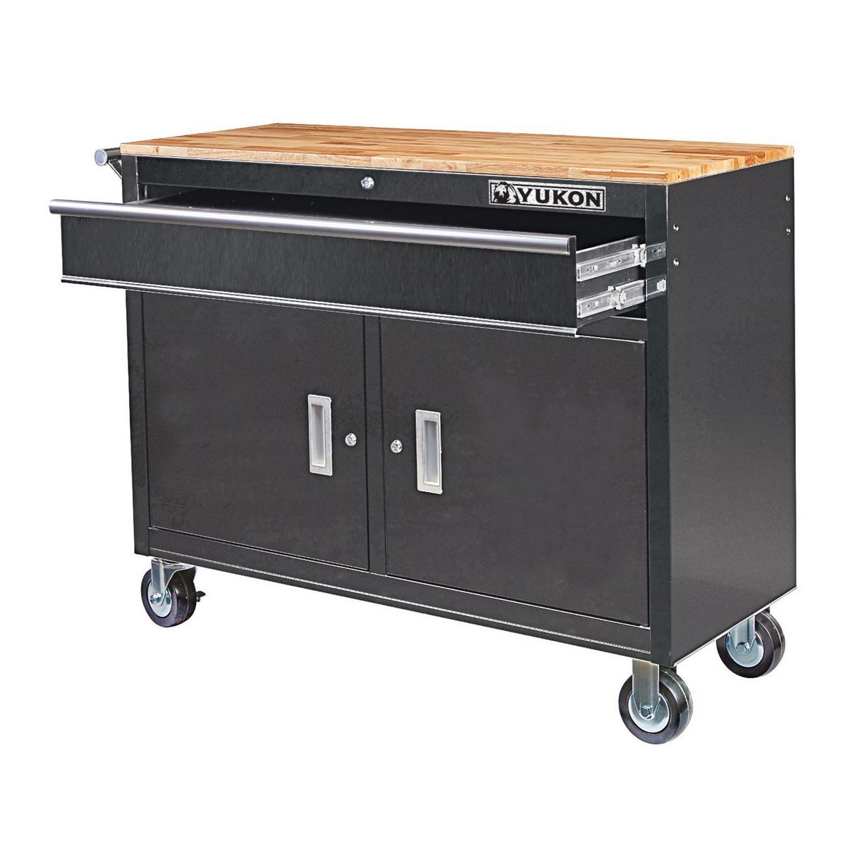 YUKON 46 in. Mobile Workbench with Solid Wood Top, Red