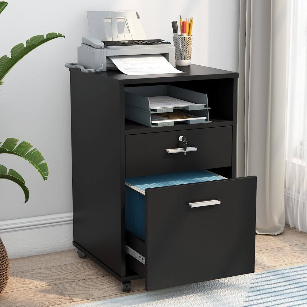 2 Drawer Mobile File Cabinet with Lock, Filing Cabinet Printer Stand for Letter Size - Black