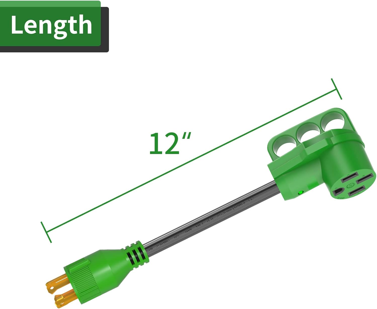 RVGUARD 4 Prong 30 Amp to 30 Amp RV Generator Adapter Cord 12 Inch, STW 10/3, L14-30P Locking Male Plug to TT-30R Female with LED Power Indicator, Green