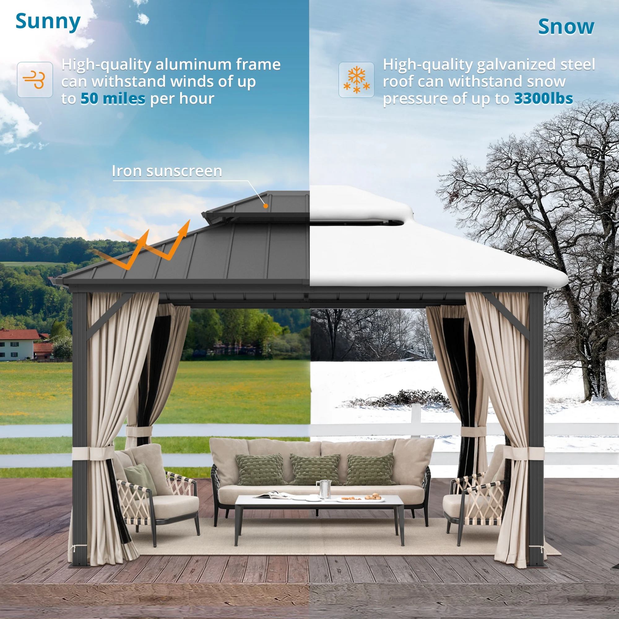 Dycanpo Hardtop Gazebo with Nettings Curtains, Galvanized Steel Double Roof Pergola,10'x12',Black - Curated Treasures Market