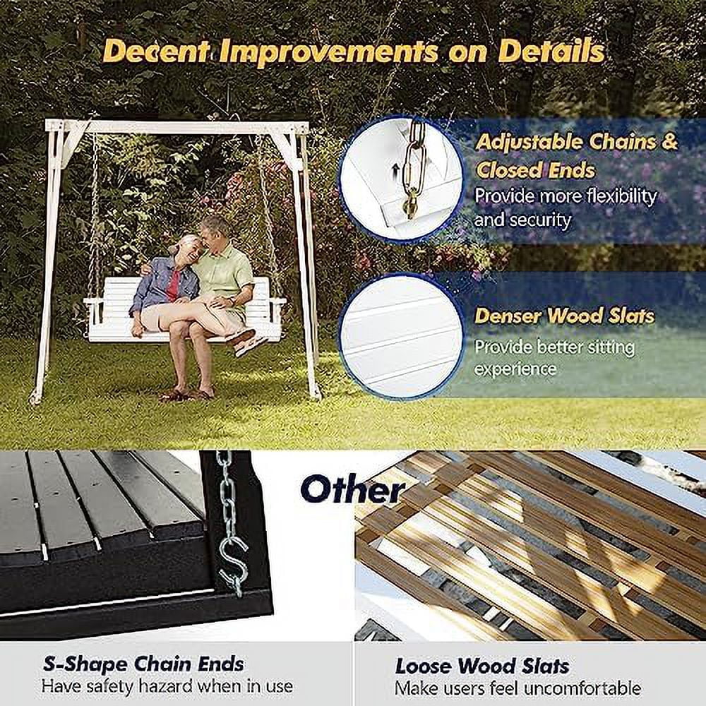 HJNIUNIU Upgraded Patio Wooden Porch Swing for Courtyard &amp; Garden  Heavy Duty 880 LBS Swing Chair Bench with Hanging Chains for Outdoors (5 FT  White)