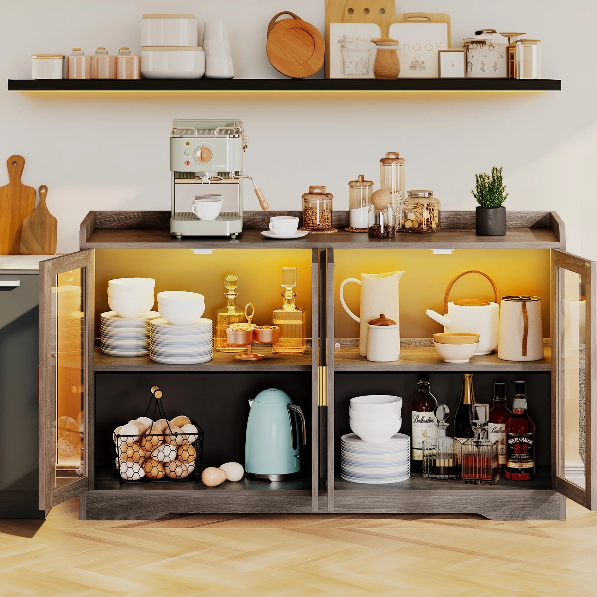 Dextrus Sideboard Buffet Cabinet with LED Light & Doors, Modern Wood Acrylic Glass Sideboard Storage Cabinet Cupboard, Sideboard Buffet Table for Kitchen, Dinning Room, Living Room, Gray