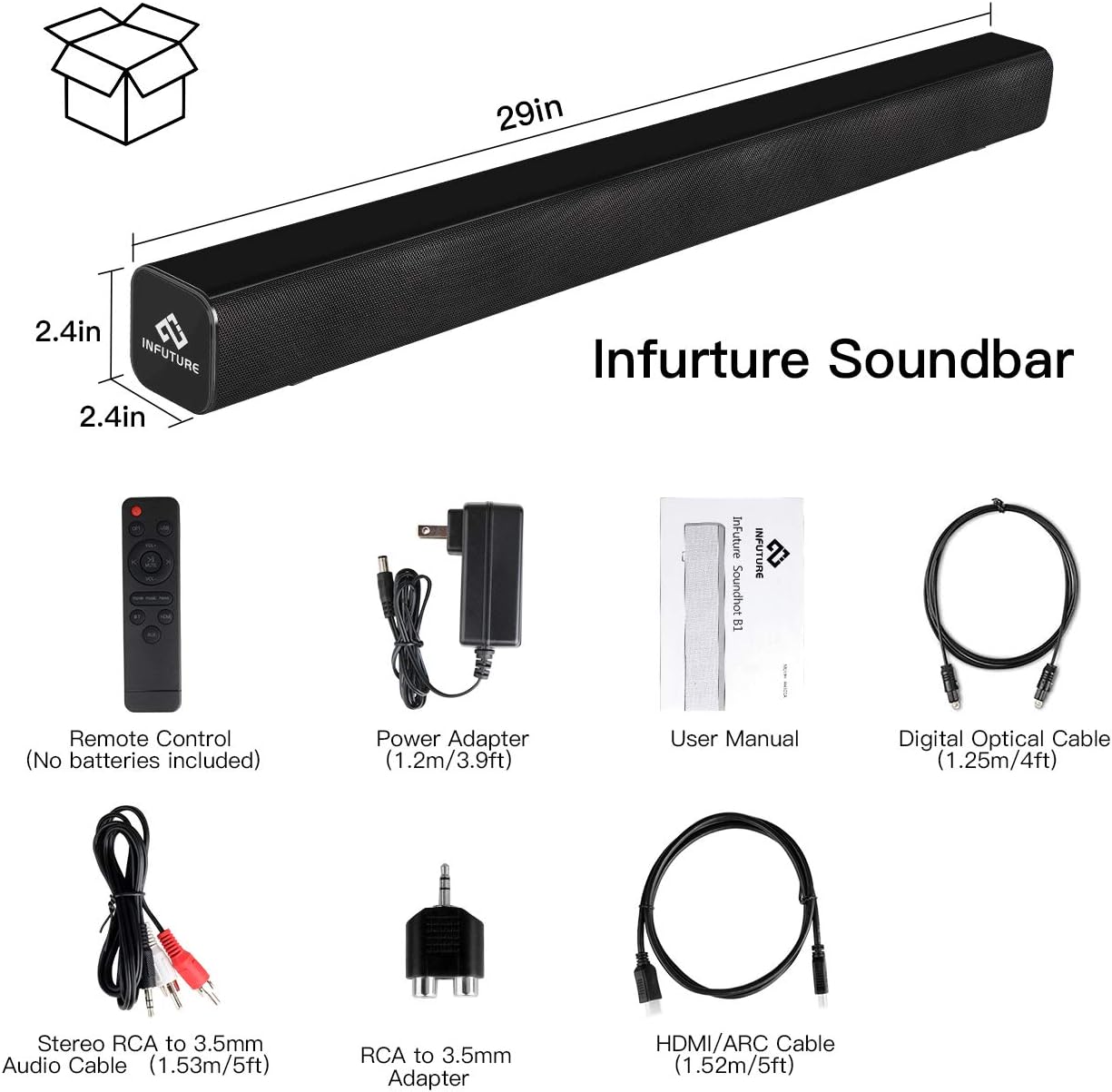Soundbar, Infurture B1 29-Inch TV Sound Bar with Subwoofer,Wired & Wireless Bluetooth 5.0 3D Surround Speakers,Optical/AUX/RCA/USB/HDMI Connection,Wall Mountable, Remote Contro Home Theater, Gaming