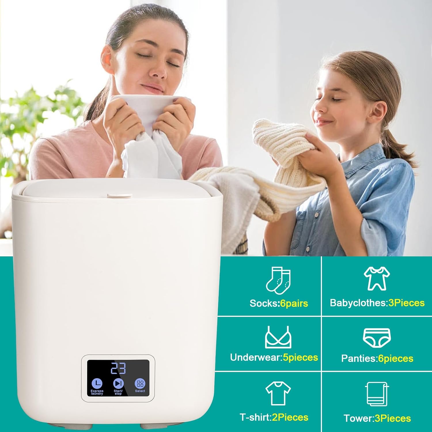 Fully Automatic Small Washing Machine, Mini Washer 7L Capacity with 3 Modes Deep Cleaning for Underwear, Baby Clothes, Small Items, Portable Washing Machine for Apartments, Camping, Travel (Beige)