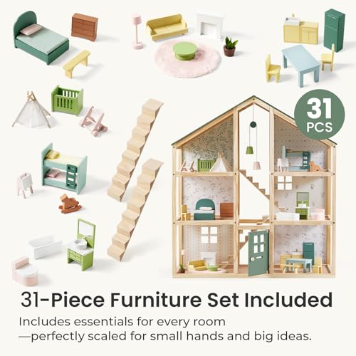 Tiny Land Wooden Dollhouse for Girls - 6 Rooms Wooden Doll House, DIY Pretend Doll House with 31Pcs Furniture Accessories, Creative Gift for Girl Ages 3+, Green