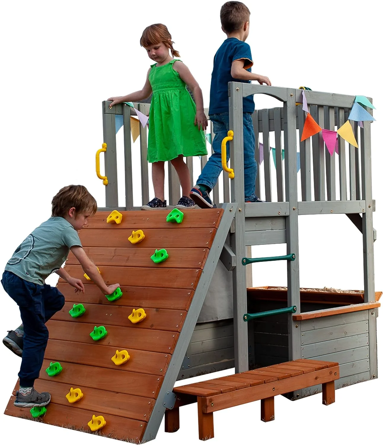 Large Playhouse for Kids Outdoor - Funphix Wooden Playhouse with Sandbox, Bench, Play Telescope, Ladder, Climbing Ramp & Doors - Durable 2 Levels Lookout Post Outdoor Playset for Backyard
