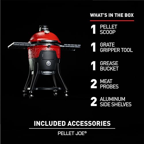 Kamado Joe Pellet Joe Grill, Classic Joe, 18-inch Ceramic Wood Pellet Grill and Smoker with Cart, Side Shelves, Stainless Steel Grates and 250 Cooking Square Inches in Red, Model KJ15260020