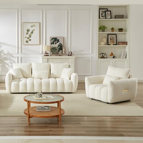 2 Piece Teddy Cloud Sofa Couch Set, Modern Deep Seat 3 Seater Boucle Sofa & Single Sofa Chair, Cozy Upholstered Sherpa Living Room Furniture Set for Apartment Office, Black