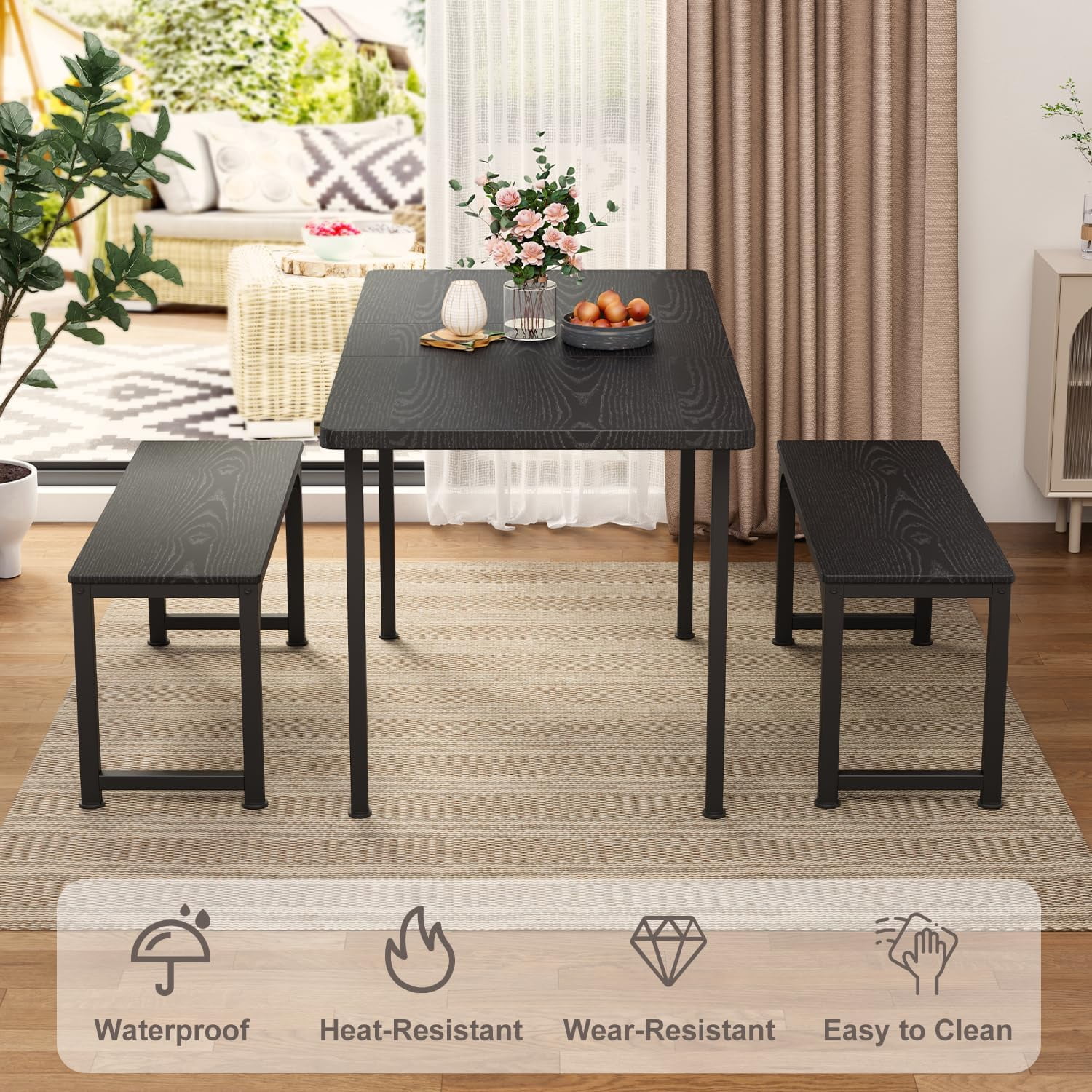 Dining Table Set For 4 To 6, Extendable Kitchen Table Set With 2 Benches, Ideal For Small Spaces And Apartment Dining Gatherings, Black