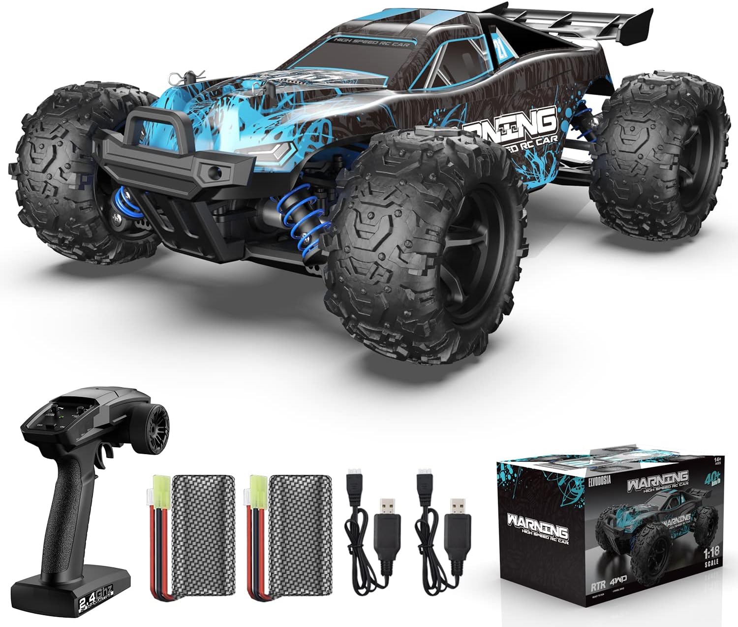ELVODOSIA High-Speed 1:18 Scale RC Cars, 40 KM/H All-Terrain Remote Control Car for Adults Kids, 4x4 Off-Road Waterproof RC Truck, Two Rechargeable Batteries for 40+ MINS