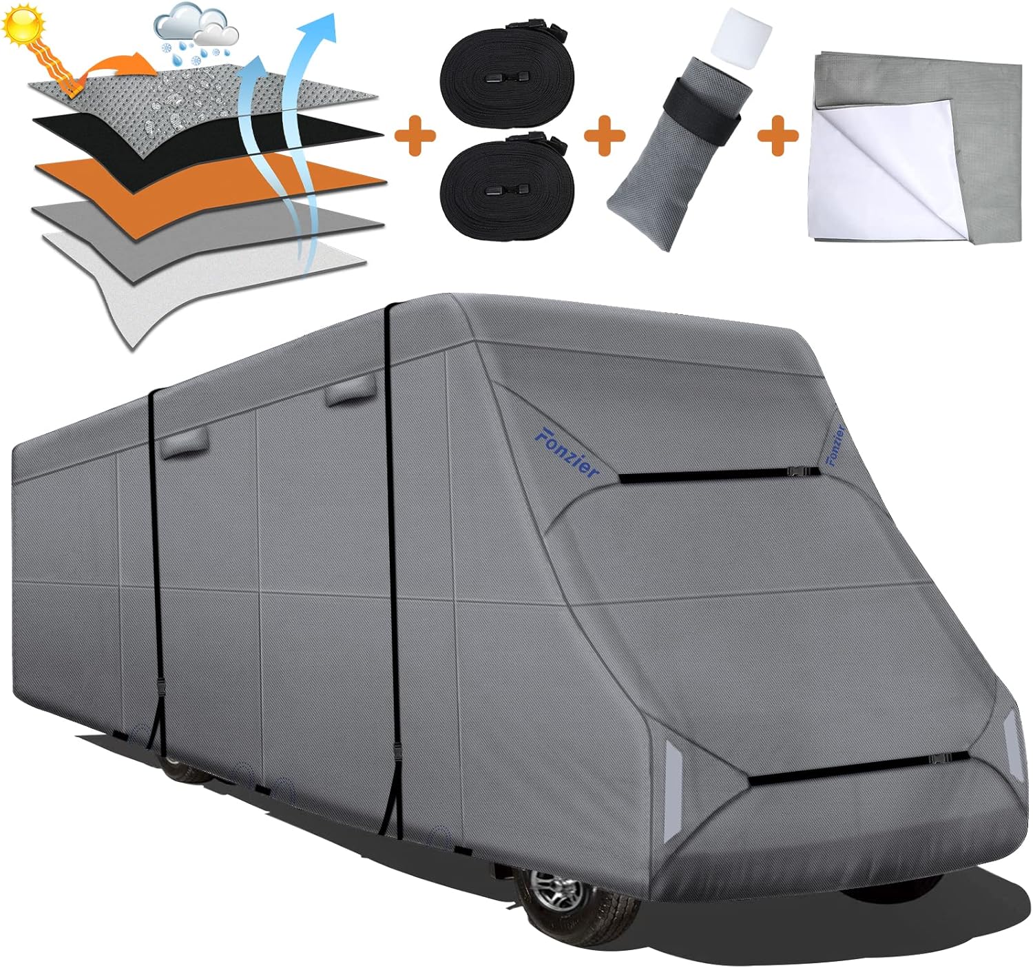 Fonzier 5 Layers Top Class C RV Cover Heavy Duty Camper Cover for 23’-26’ Motorhome Cover Anti-UV, Rip-Stop, (23'-26')