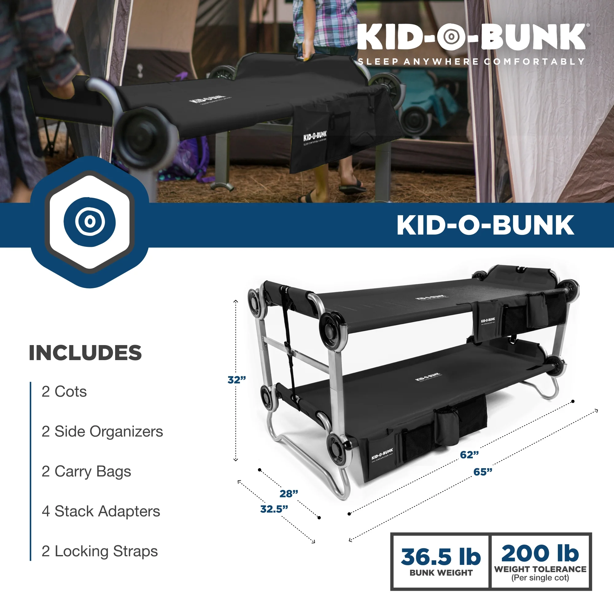 Disc-O-Bed Kid-O-Bunk Portable Benchable Double Cot with Organizers, Black