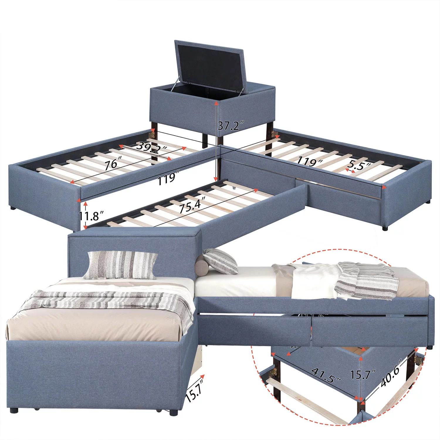 L Shaped Platform Bed with Rollers and Two Drawers Attached Built-in Desk, Double, Grey. Size, 119''L*119''W*37.2''H, suitable for various households