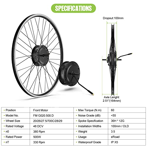 BAFANG 48V 500W Front Hub Motor Electric Bike Conversion Kit for 20“/26"/700C Wheel Drive Engine with LCD Display &Optional Ebike Battery