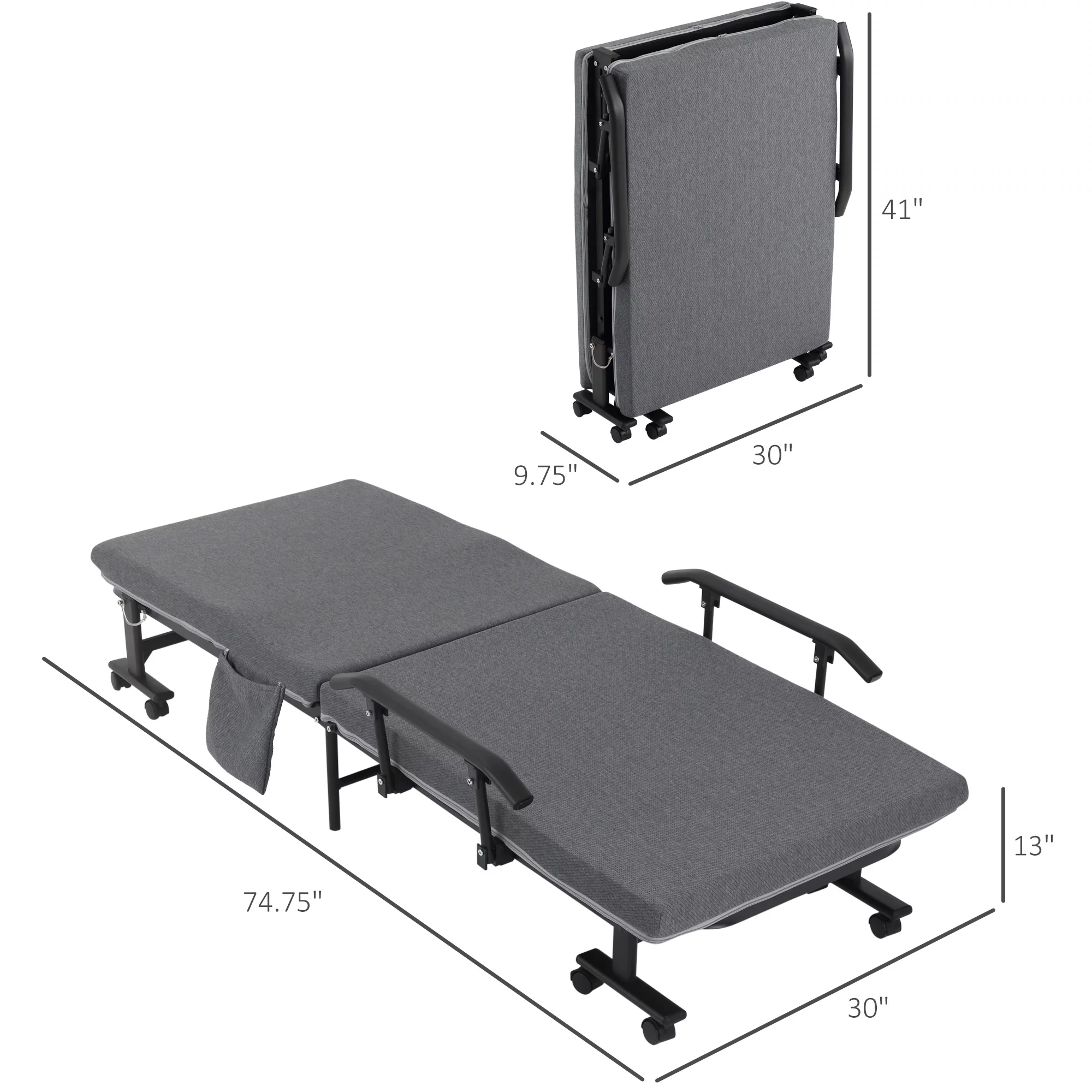 HOMCOM Rollaway Bed, Folding Bed with 3.25" Mattress, Portable Foldable Guest Bed with Adjustable Backrest, and Metal Frame on Wheels, Dark Grey
