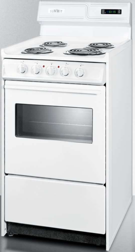 Summit Appliance WEM130KW 20" Wide 220V Electric Range in White with Coil Elements, High Backguard, Oven Window, Light, Adjustable Oven Racks, Broiler Pan and Lower Storage Compartment