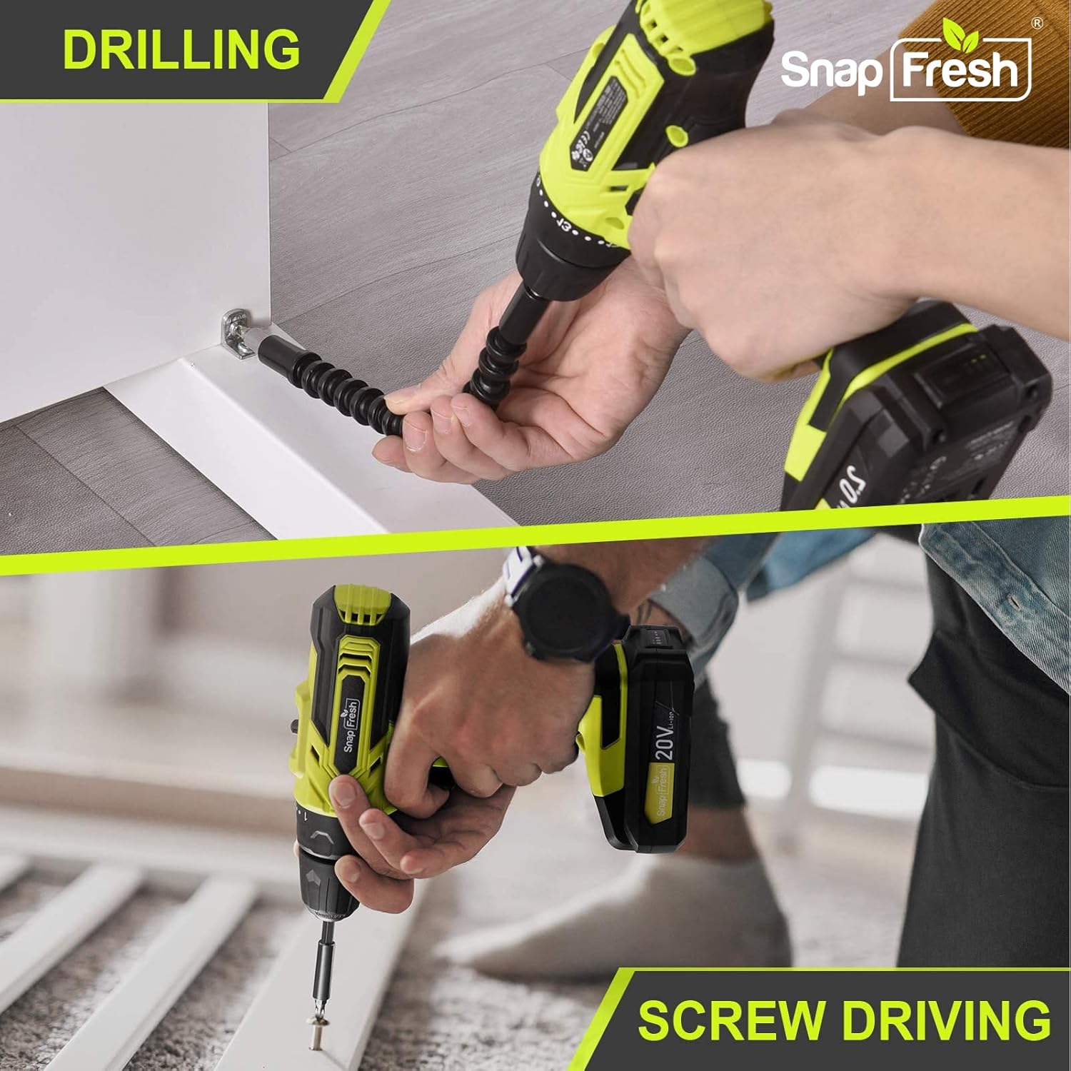 Cordless Drill - SnapFresh 20V Cordless Drill with Battery and Charger, Power Drill Set with 2 Variable Speed, 21+1 Torque Setting, Lightweight, LED, 43pcs Drill Bits, Impact Drill Set for Home, DIY Pack of 2