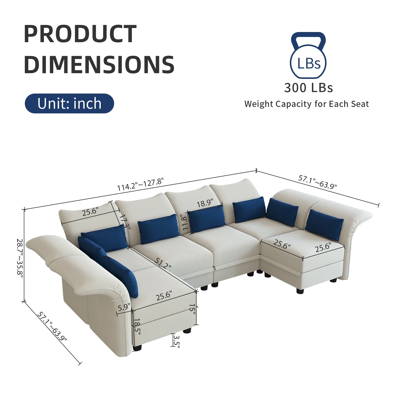 LLappuil 127.8" 6-Seater Velvet U Shaped Modular Sectional Sofa with Storage Chaise, High Back Recliner Modular Sleeper Couches for Living Room, Anti-Scratch White