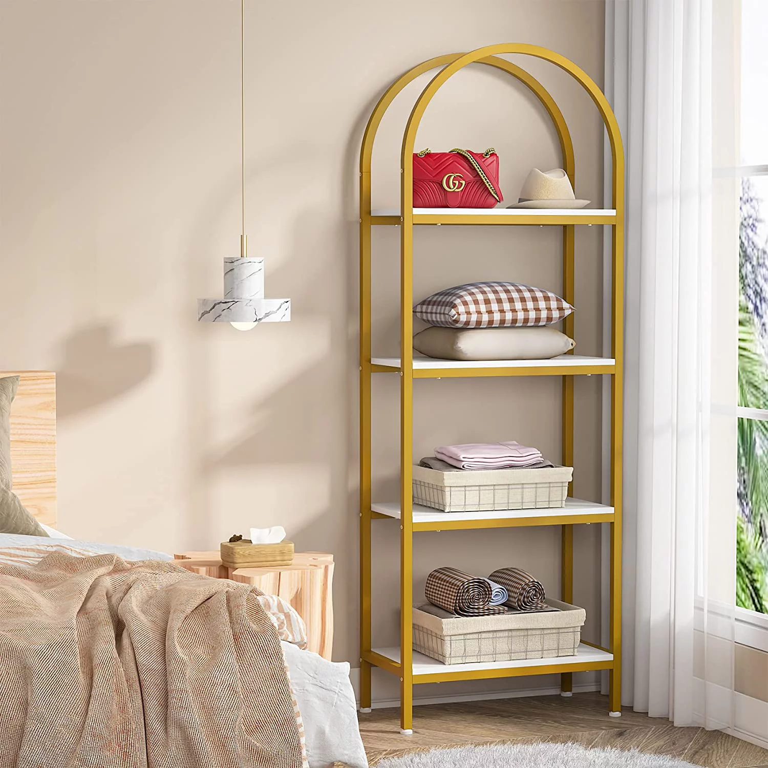 4-Tier Open Bookshelf, 70.8" Industrial Arched Bookcase Storage Shelves with Metal Frame, for Office, Bedroom, Living Room
