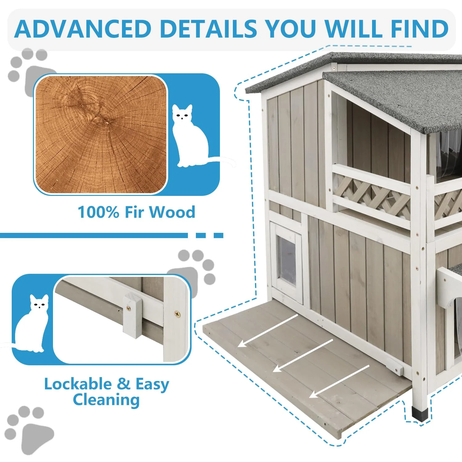 PETSCOSSET Cat House Outdoor 2-Story Wooden Kitty Shelter with Balcony, Gray
