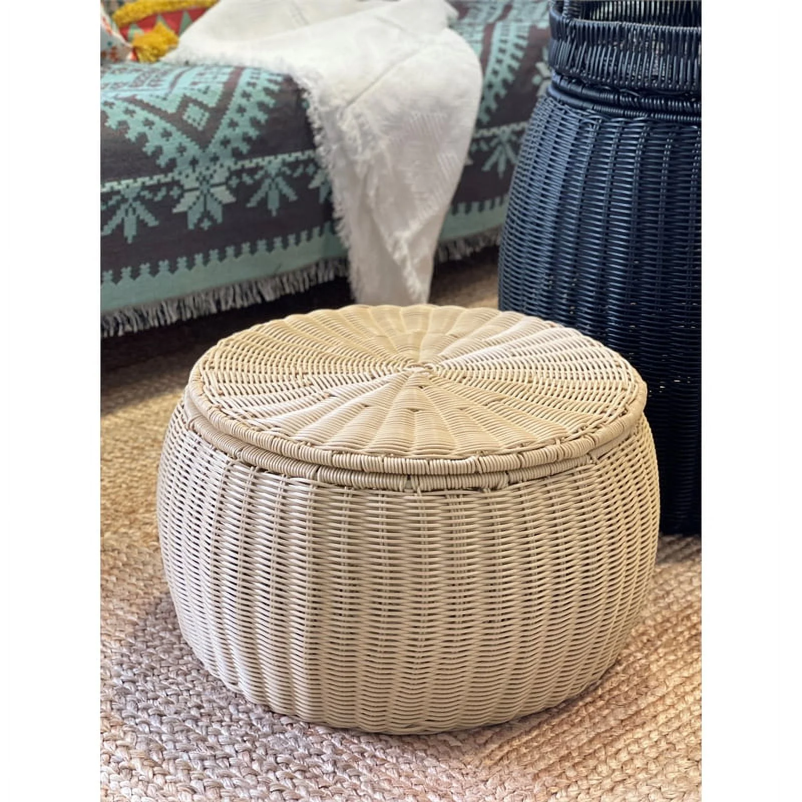 ELE Light & Decor Wicker / Rattan Footstool with Storage Seat in Tan/Beige