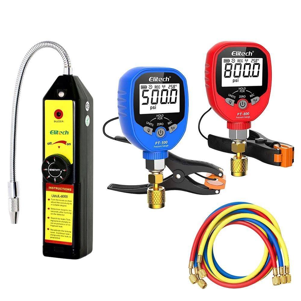 Elitech WJL-6000 Refrigerant Leak Detector Freon Leak Detector + PT-500/800 Wireless AC Manifold Gauge Set 2 Way 3x59&& Hose