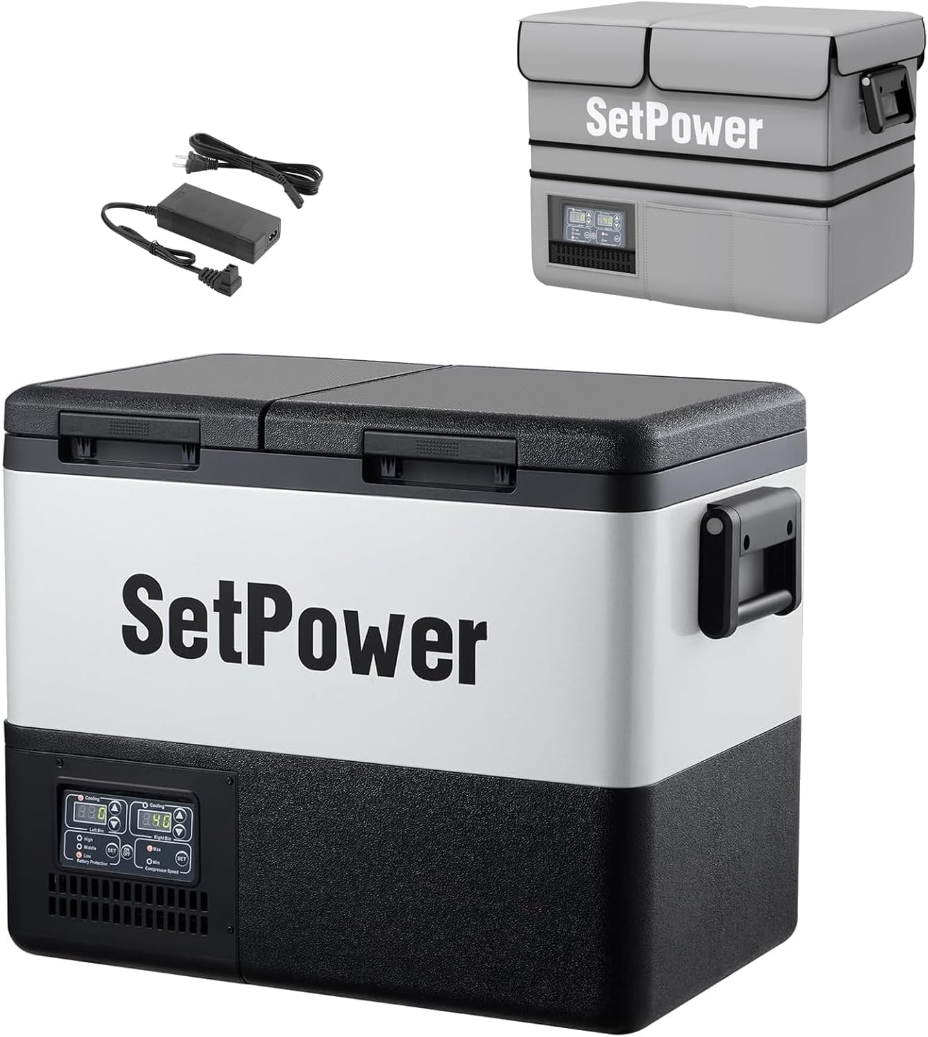 Setpower PT45 Electric Cooler Car Refrigerator With Cover,45L Dual Zone Portable Freezer Fridge,Portable Car Fridge,12 Volt Refrigerator for Car,RV,Truck,Vehicles,Travel and Home Use