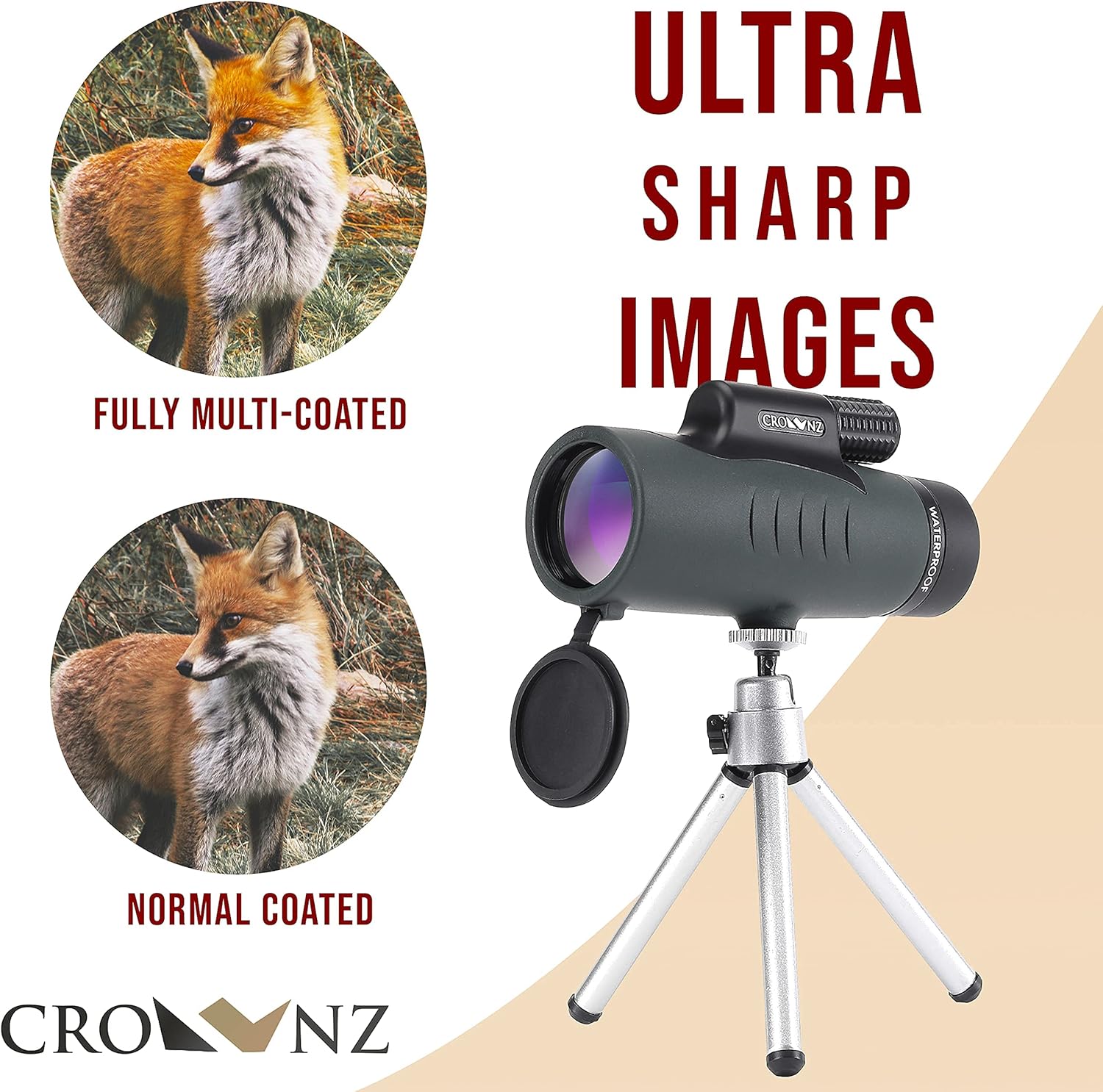 Crownz Monocular Telescope Day Low Night Vision High Power Monocular with Quick Smartphone Holder Tripod BAK4 Prism Dual Focus for Bird Watching Hunting Camping, Waterproof Fog Proof Shockproof Scope