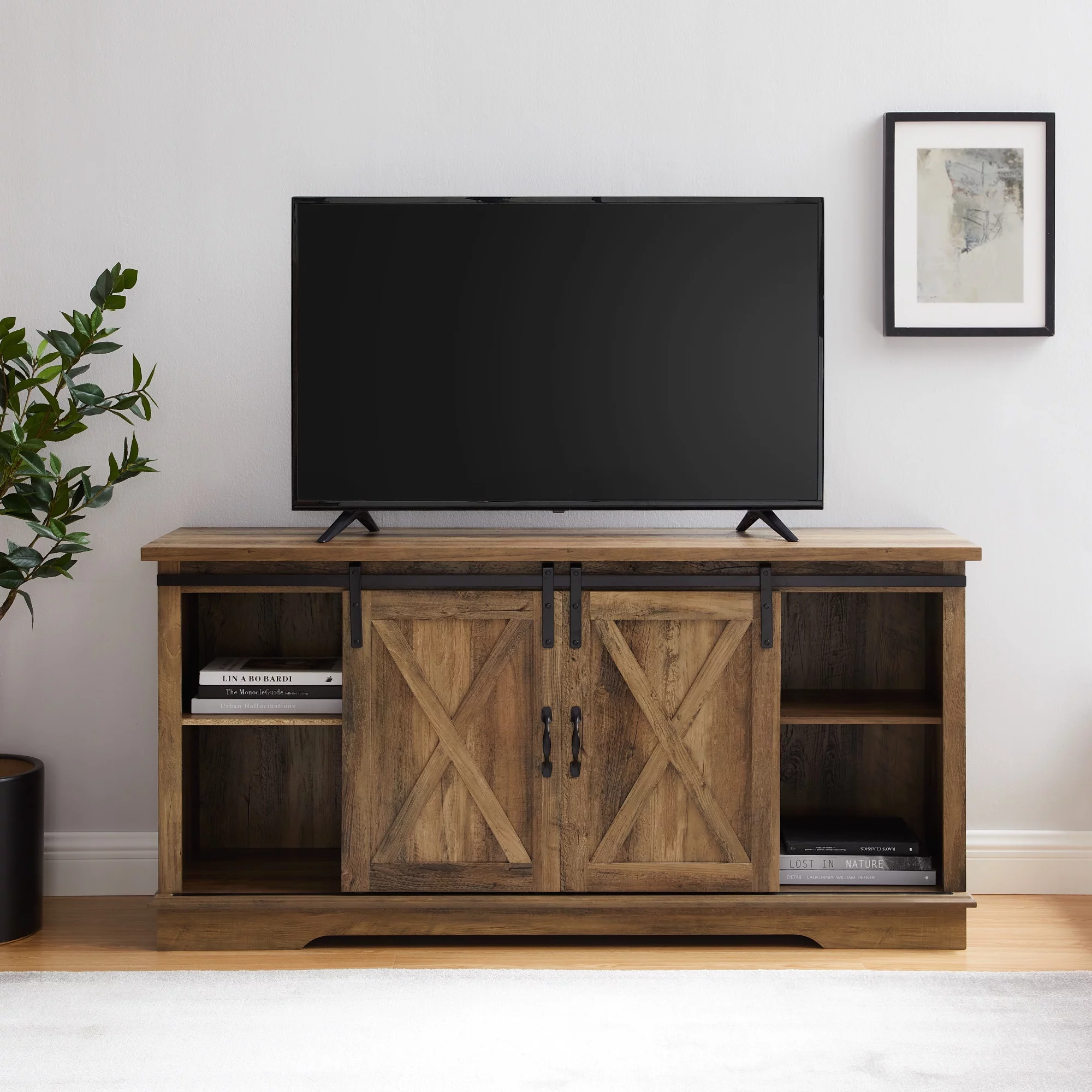Woven Paths Sliding Farmhouse Barn Door TV Stand for TVs up to 65", Reclaimed Barnwood