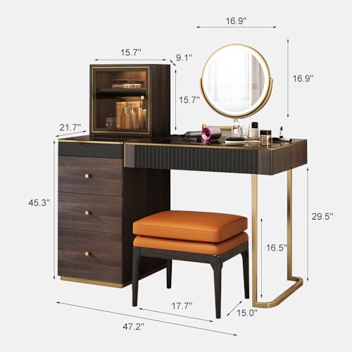 POVISON Makeup Vanity Desk with Mirror & LED Light, Easy Assembly, Mid Century Modern Dresser Desk, Dressing Table with Stool & Charging Station, 5 Drawers, Tempered Glass Top (Wood, 47")