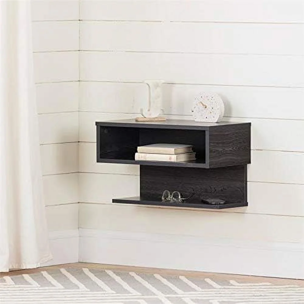 Floating Nightstand Table With Drawer For Bedroom, Small Bed Side Table With Open Storage Space, Dark Grey