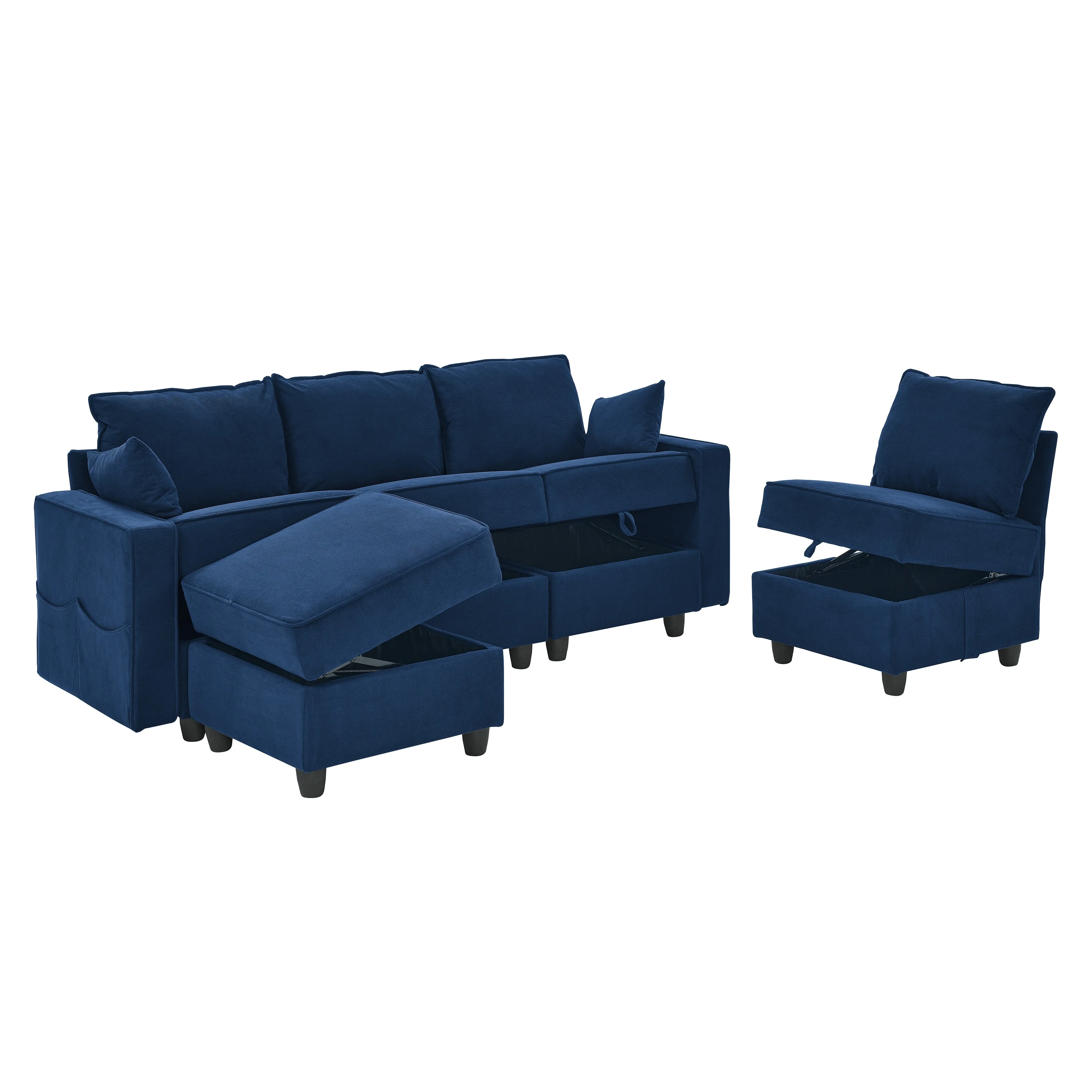 High-end Modular Sofa Couch, Storage Sectional Sofa set for Living Room, Navy Blue Corduroy Velvet, 5 Seat Spring Pack Cushions