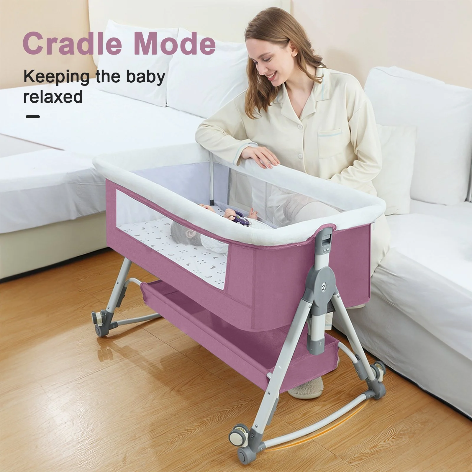 Baby Bassinet, 4 in 1 Infant Bedside Crib with Storage Basket and Wheel &Changing Table, Adjustable Infant Cradle, Pink