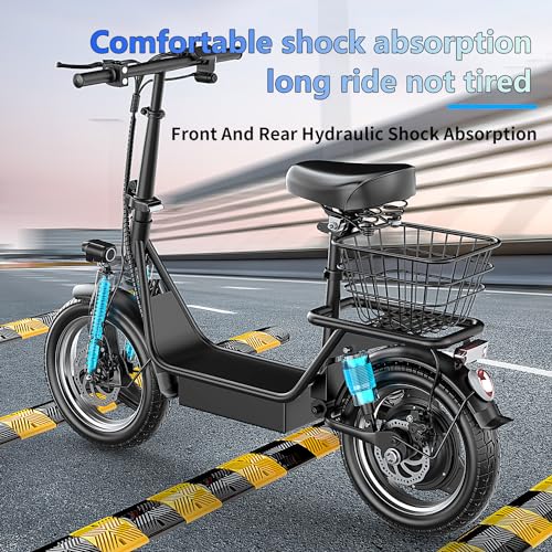 Electric Scooter with Seat for Adults, 500W Peak Motor Sit Down E Scooter with Basket/Box, 20-25 MPH and 20-30 Miles Long Range, 14" Pneumatic Tire, Ample Storage for Pet & Cargo