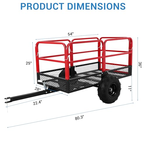 Garden Dump Cart, 1500 Lbs Capacity 22 Cubic Feet Heavy Duty Steel ATV Trailer Pull Behind Yard Wagon with 2 Wheels, Outdoor Lawn Mower Cart for Tractor, ATV, UTV