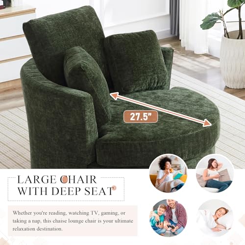 Chair and A Half with Ottoman, 360° Swivel Accent Barrel Chair Modern Comfy Round Reading Sofa Swivel Chairs Circle Lounge Chair for Bedroom Living Room w/4 Pillow Lower Seating Heigh (White, Large)