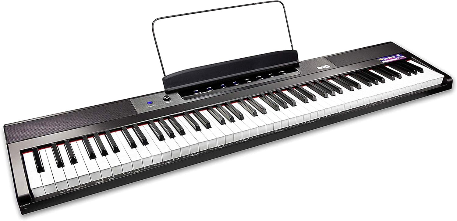 RockJam 88-Key Beginner Digital Piano with Full-Size Semi-Weighted Keys, Power Supply, Simply Piano App Content & Key Note Stickers, Black