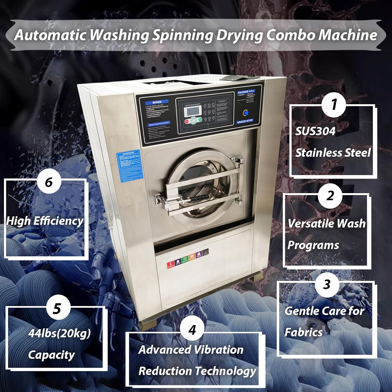 Automatic Washing Spinning Drying Combo Machine All-in-one Laundry Washer Dryer Extractor Machine WASH+SPIN+DRY 44LBS Capacity Washer Extractor Dehydrator 2.2KW 220V 3PH 60HZ