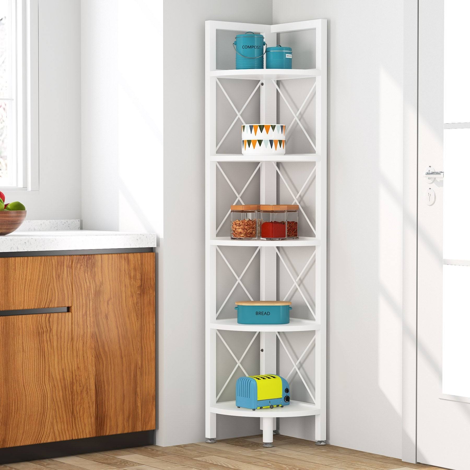 5-Tier Corner Shelves, 5 Shelf Corner Bookshelf and Bookcase - Black