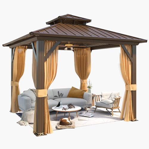 YOLENY 10' x 12' Hardtop Gazebo, Wood-Looking Gazebo with Galvanized Steel Double Roof, Aluminum Frame, Permanent Metal Pavilion with Netting and Curtains for Deck, Backyard, Patio and Lawns