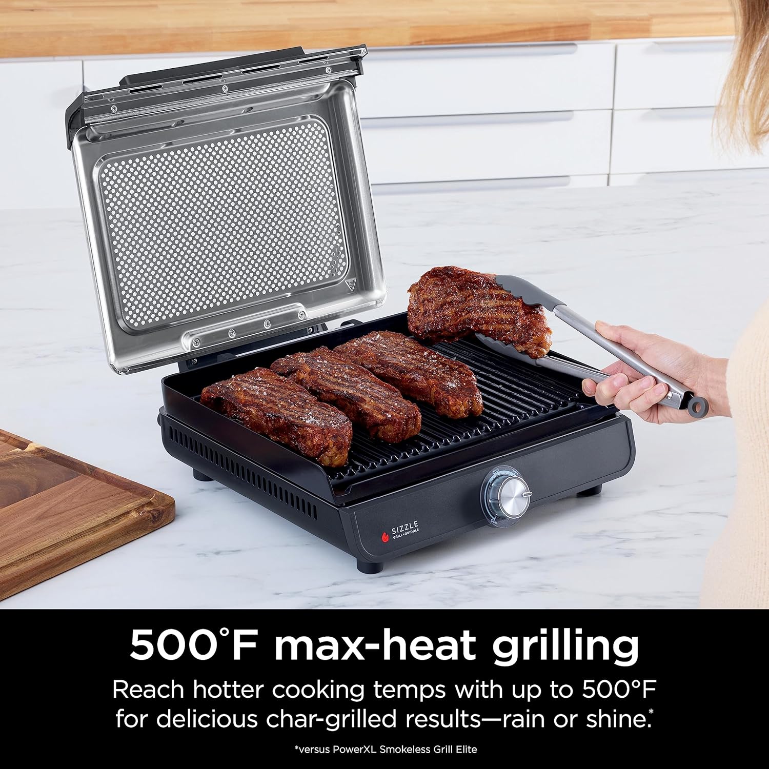 Ninja GR101 Sizzle Smokeless Indoor Grill & Griddle, 14'' Interchangeable Nonstick Plates, Dishwasher-Safe Removable Mesh Lid, 500F Max Heat, Even Edge-to-Edge Cooking, Grey/Silver