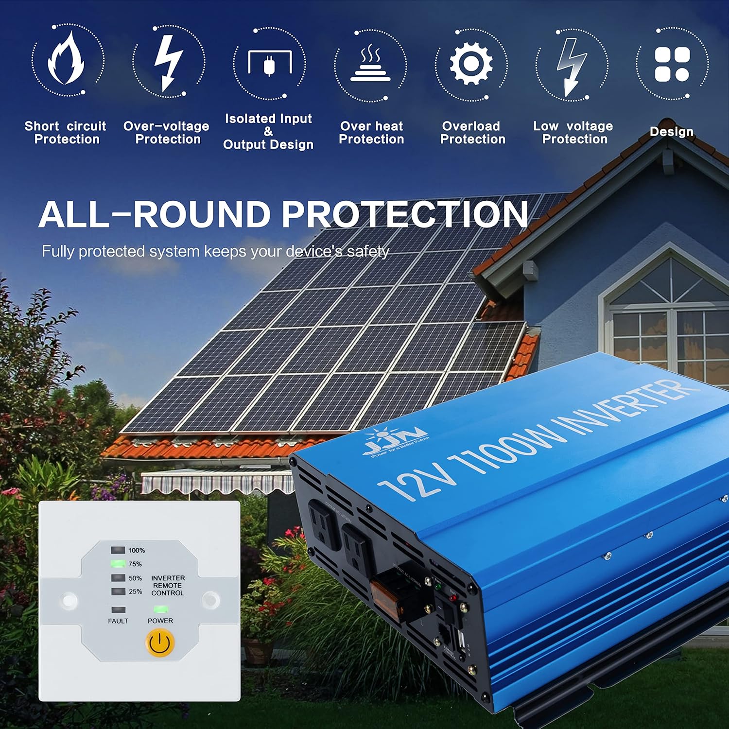 Power Inverter 2000 Watt Modified Sine Wave Inverter 12V to 110V Converter for Home, RV, Truck, Off-Grid Solar Power Inverter with Built-in 5V/2.1A USB Port, AC Hardwire Port, Remote Controller