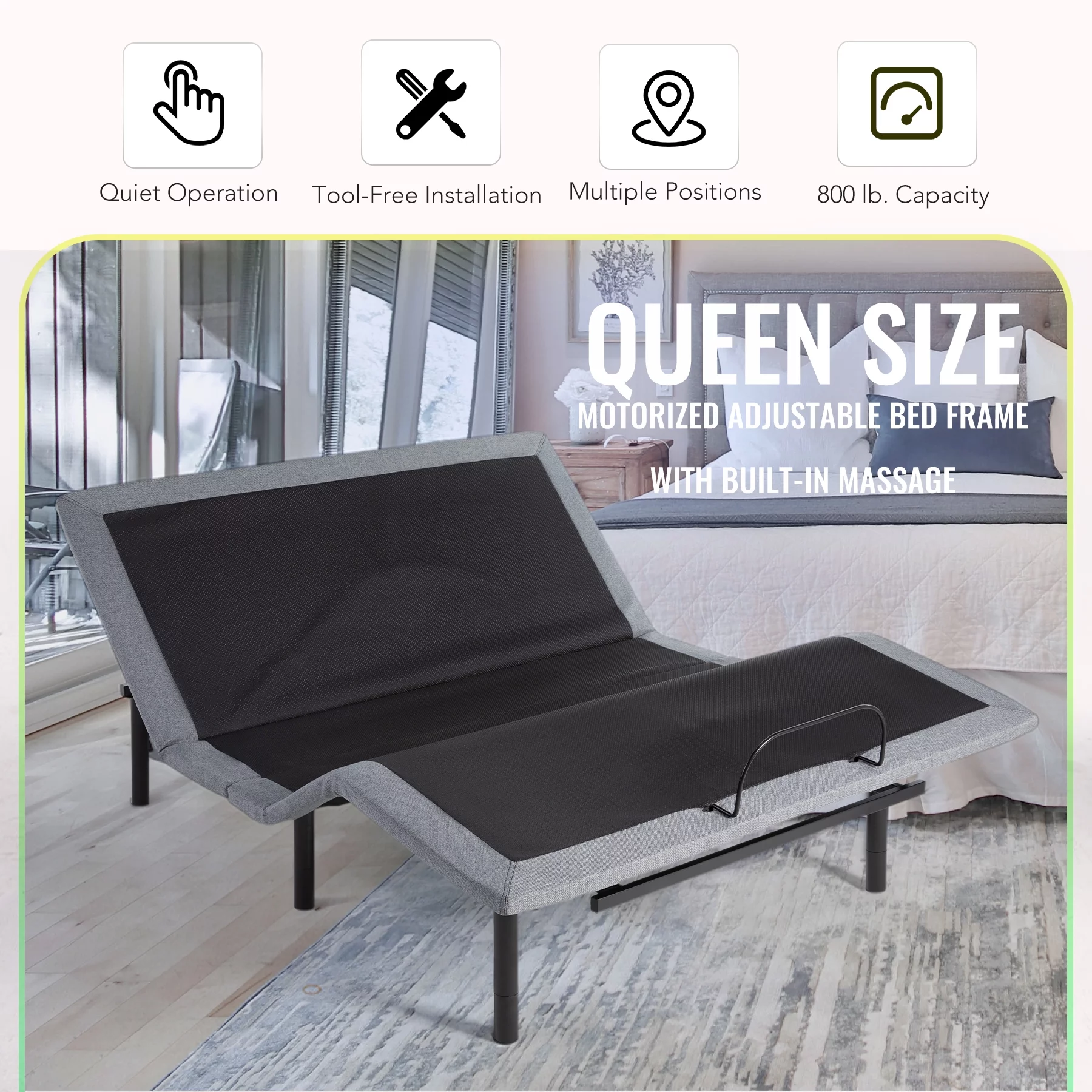 Motorized Bed Frame for Queen Size Mattress w Remote, USB Ports, & Massage