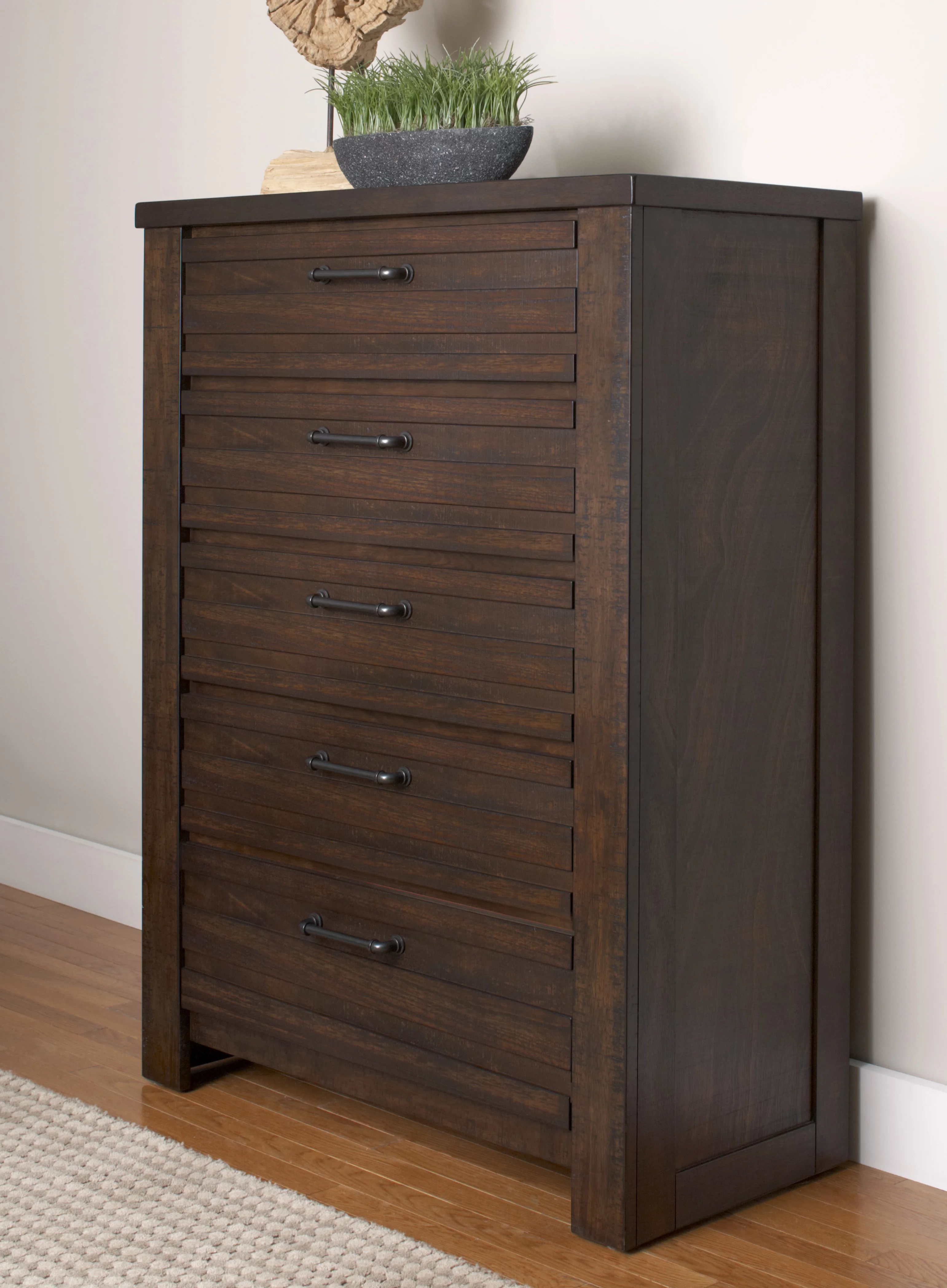 Sedona Transitional Wood Bedroom Set, Panel King Bed with Dresser, Mirror, Nightstand, Chest in Espresso