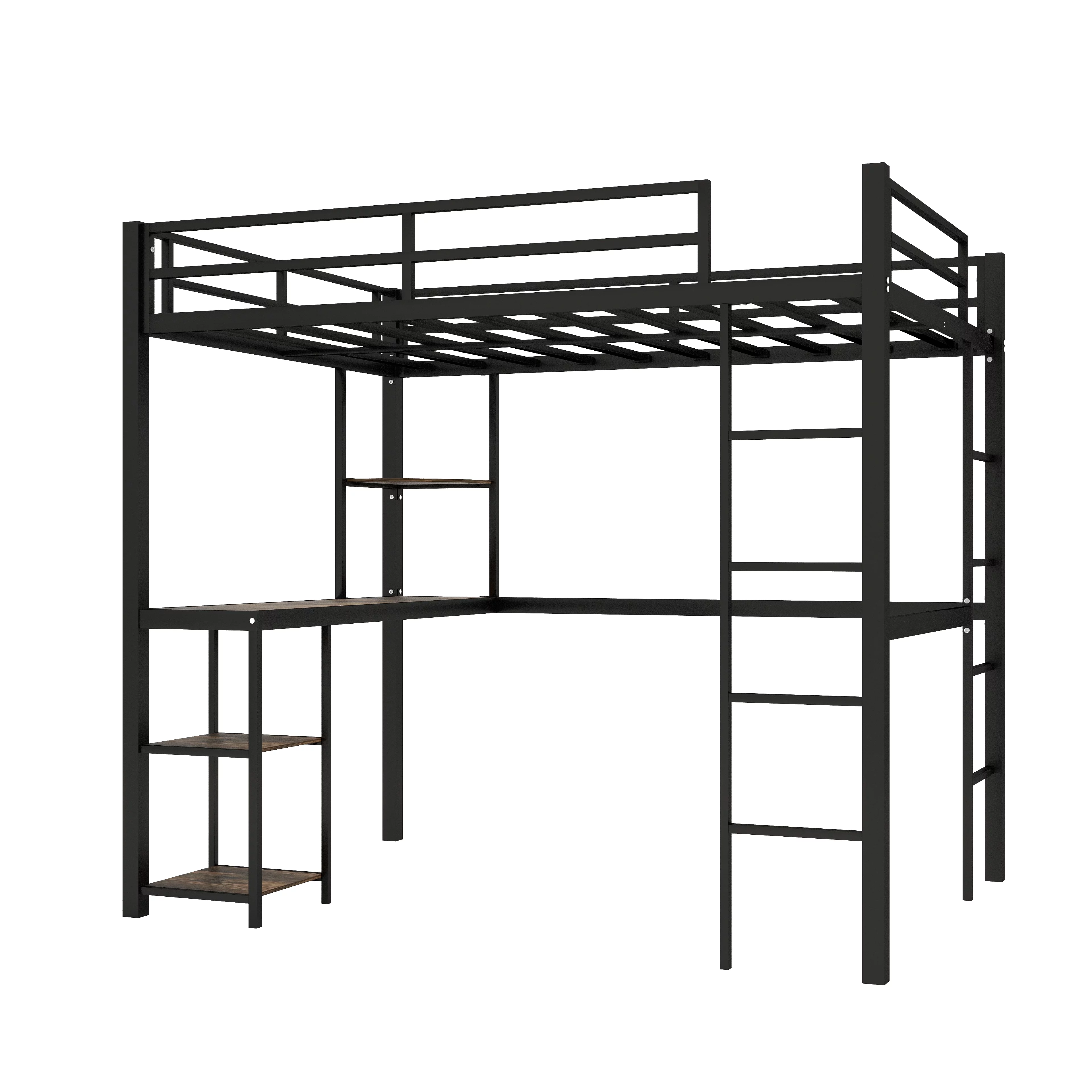 Bellemave Full Size Loft Bed with Desk and Shelves, Metal Heavy-Duty Steel Loft Bed Frame Built-in Ladder for Boy Girls Teens Kids Adults(Black）