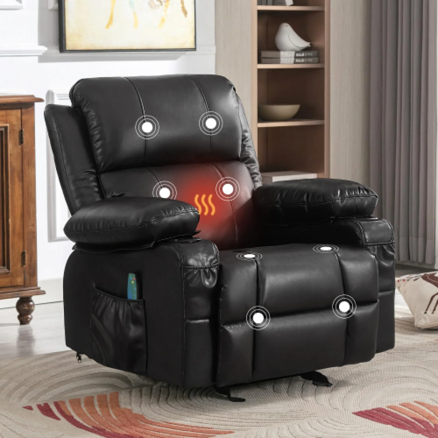 Oversized Power Rocker Recliner with Heat and Massage, Leather Recliner Chairs for Adults, Ergonomic Single Sofa Chair with Cup Holders, Side Pockets and USB, for Living Room/Office (Black)