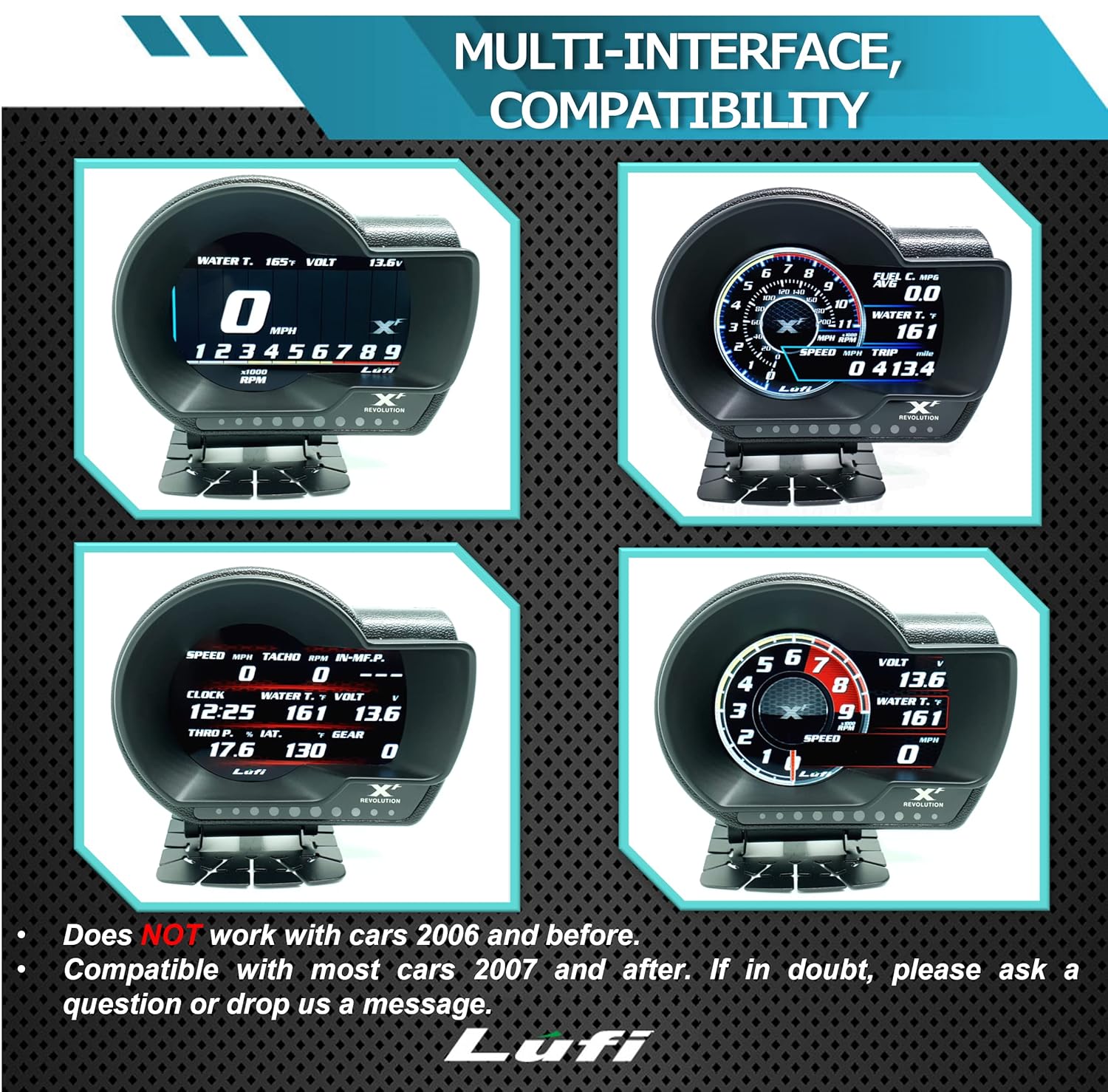 Lufi XF Revolution OBD2 Gauge Display, Multi-Data Monitor, Head Up Display, Highly Customizable, Accurate and Fast Response [for Cars 2009 and After]