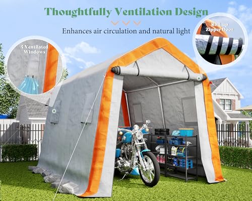 AMERLIFE 10.5x12x8 FT Heavy Duty Portable Shed Storage Shelter, Outdoor Storage Shed with 4 Waterproof Windows & Roll-up Zipper Door, Carport for Motorcycle, Bike, Grey