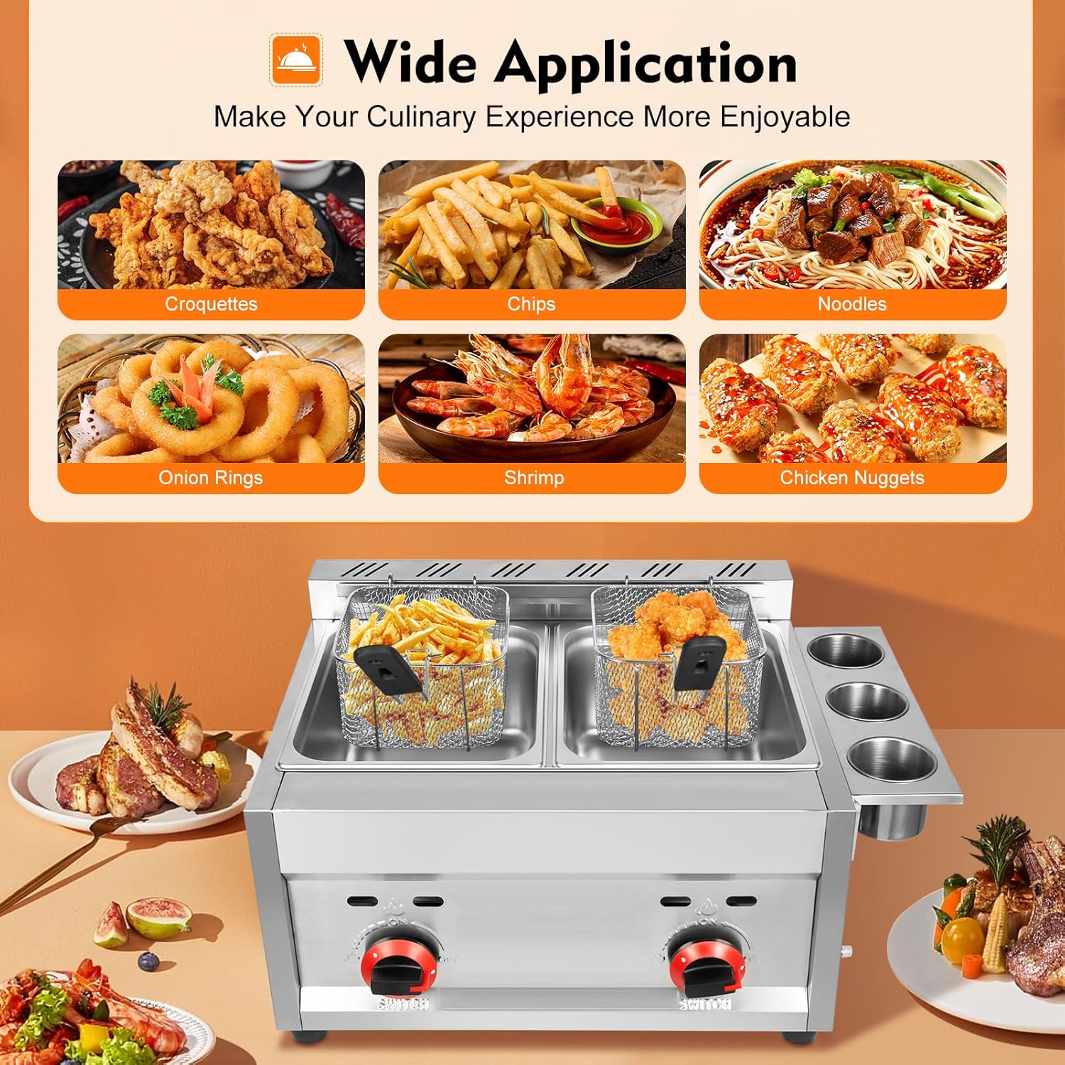 Professional Deep Fryer, 6L * 2 Liquid Propane or Natural Gas Countertop Kitchen Fryer Countertop Gas Fryer Fryer Kitchen Countertop Gas Fryer Deep Fryer Combined Fryer with 2 PCS Basket Set