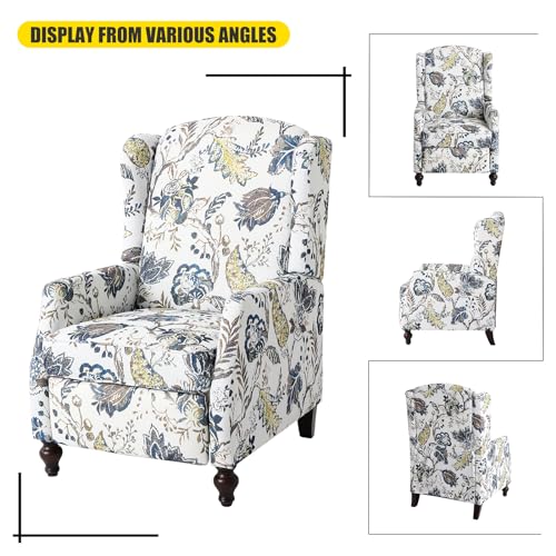 Wingback Recliner Chair with Massage and Heat, Tufted Fabric Pushback Recliner Chair, Wingback Chair with Remote Control, Padded Cushion, Wooden Legs, Small Recliners for Small Spaces